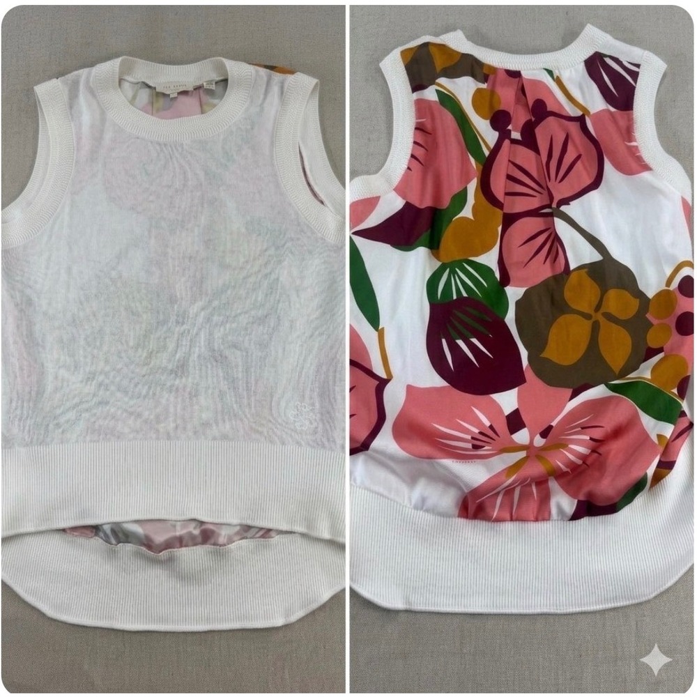 Ted Baker Tamian White Floral Mixed Media Knit Sleeveless Top US Size 6 Medium